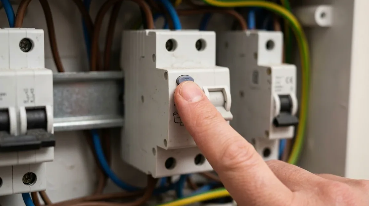 Dedo pulsando el botón de prueba T de un interruptor diferencial en el cuadro eléctrico