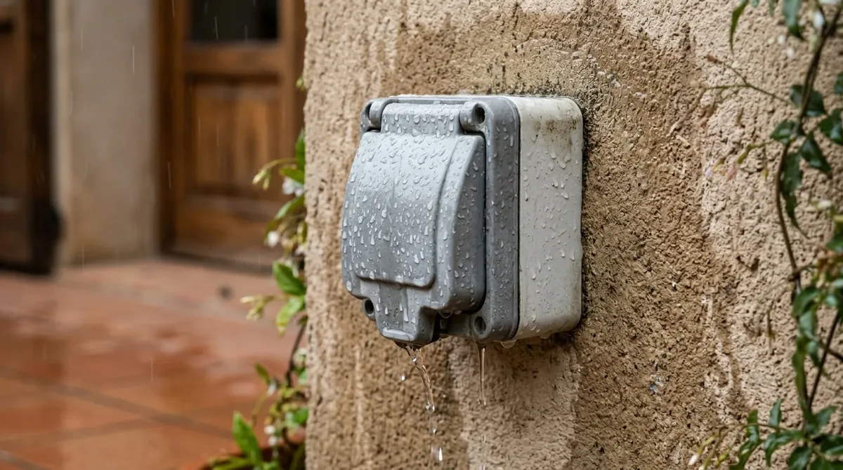 Enchufe exterior con tapa mojado por la lluvia, una causa habitual de que salte el diferencial