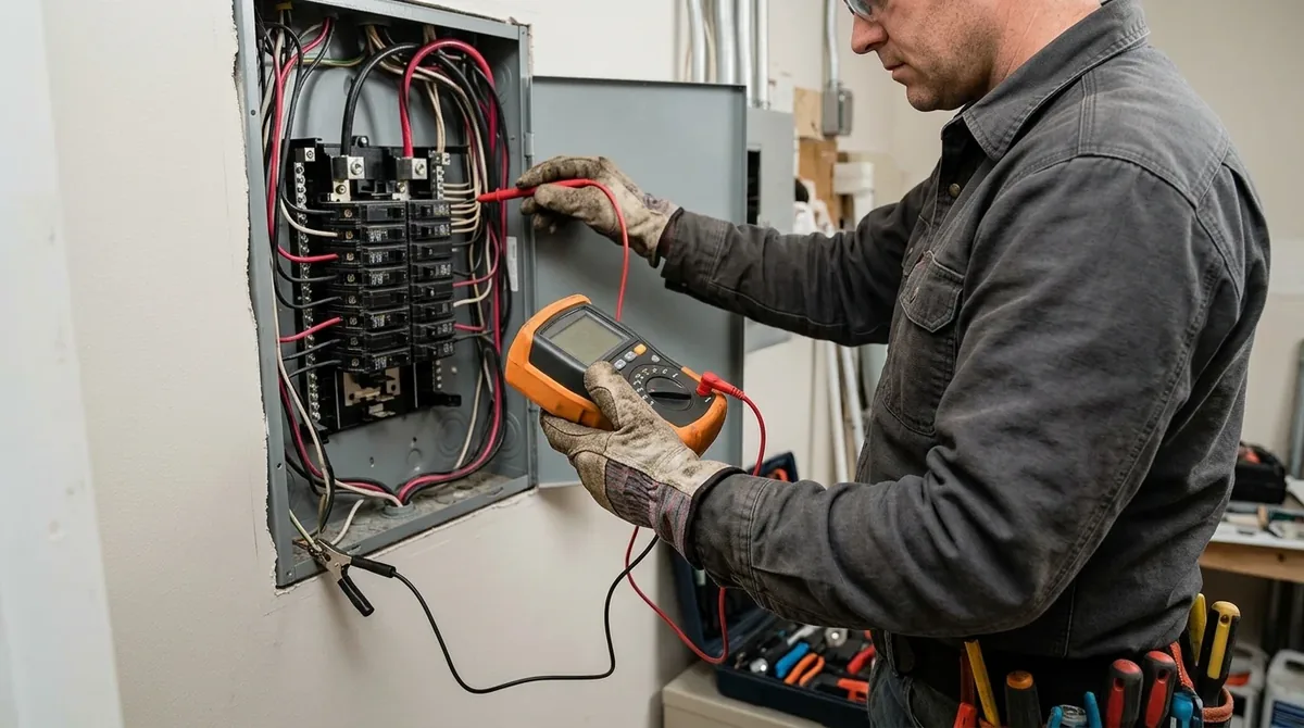 Electricista comprobando el aislamiento de los cables del cuadro eléctrico con un medidor